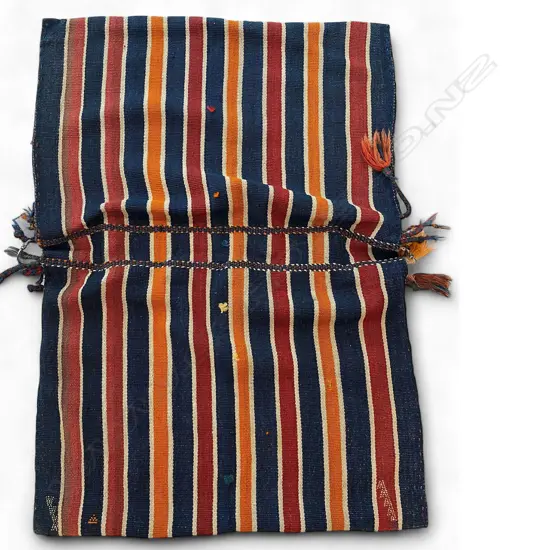 Bag – wool, - flatweave - Central Asian double - vertical fibrilated stripes on blue ground - plaited and tasselled ties. 110 x 78cm